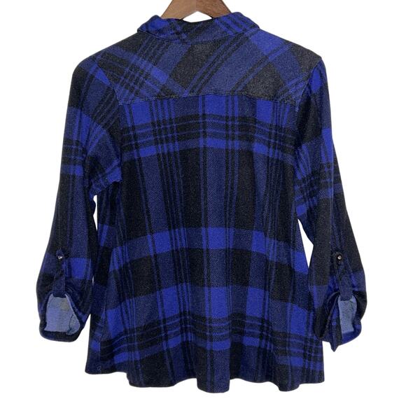 Avenue Plaid Roll Tab Sleeve Blue & Black 14/16 Top - Picture 2 of 7